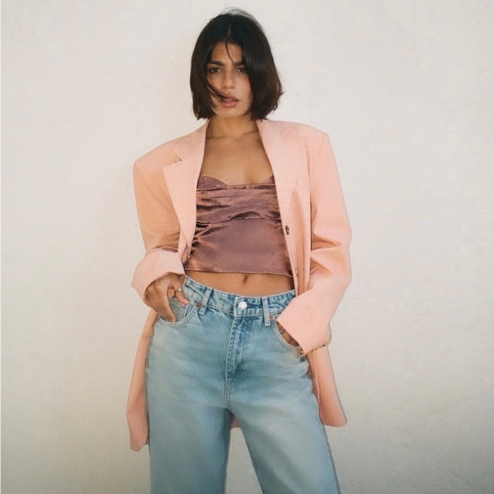 Zara Tops Satin Effect Crop Top Dark Pink